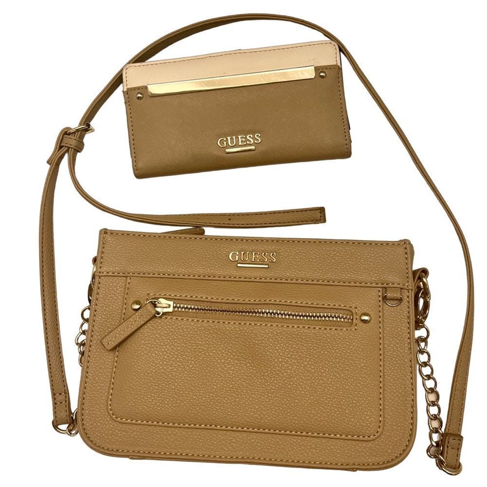 GUESS Factory tan and gold Jewlie Crossbody with BONUS matching wallet!